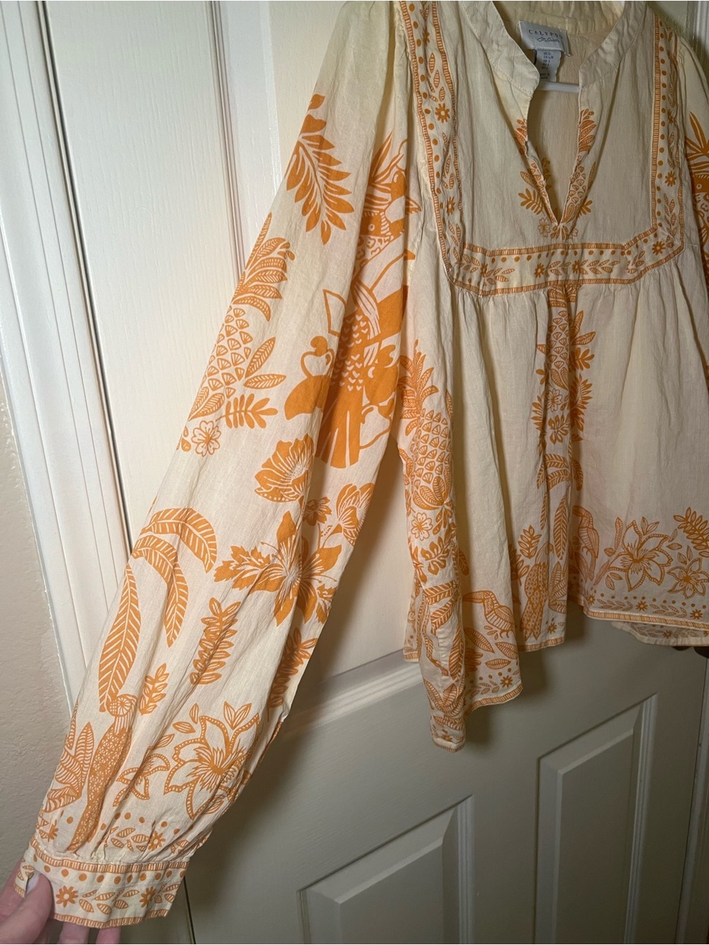 Calypso St. Barth 100% Cotton Tropical Print Peasant Blouse Large Boho - Picture 4 of 8